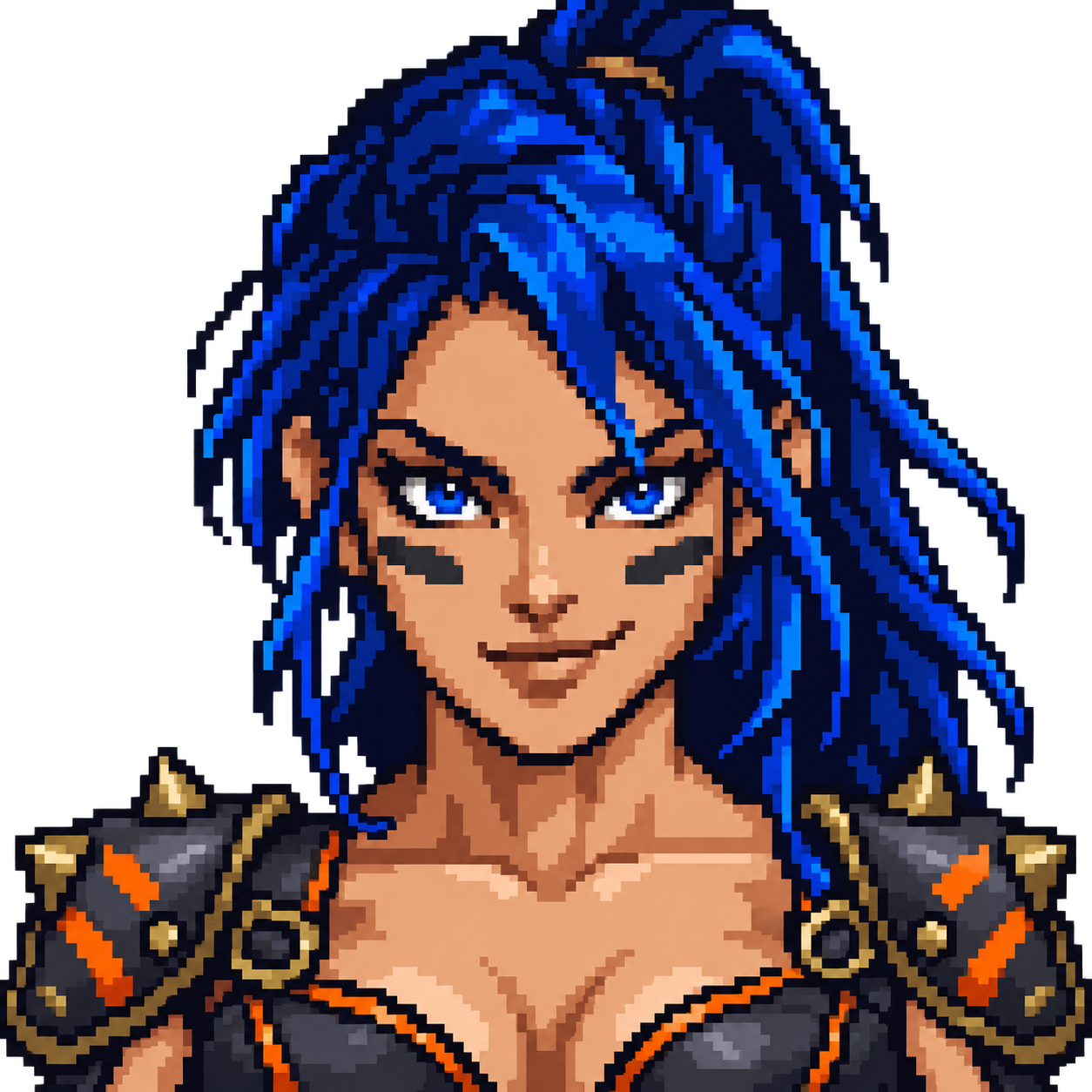 Blue-haired 16-bit female fighter portrait