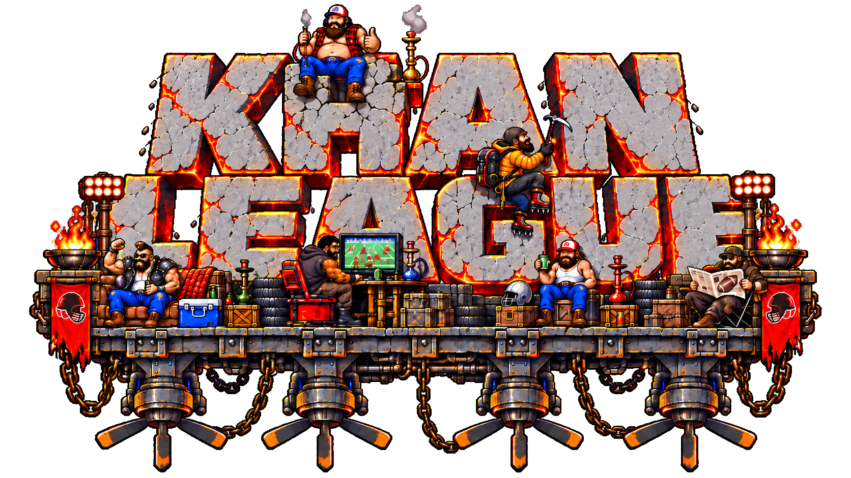 Pixel-art KHAN LEAGUE concrete logo with six rugged football fans on a suspended steel arena platform.
